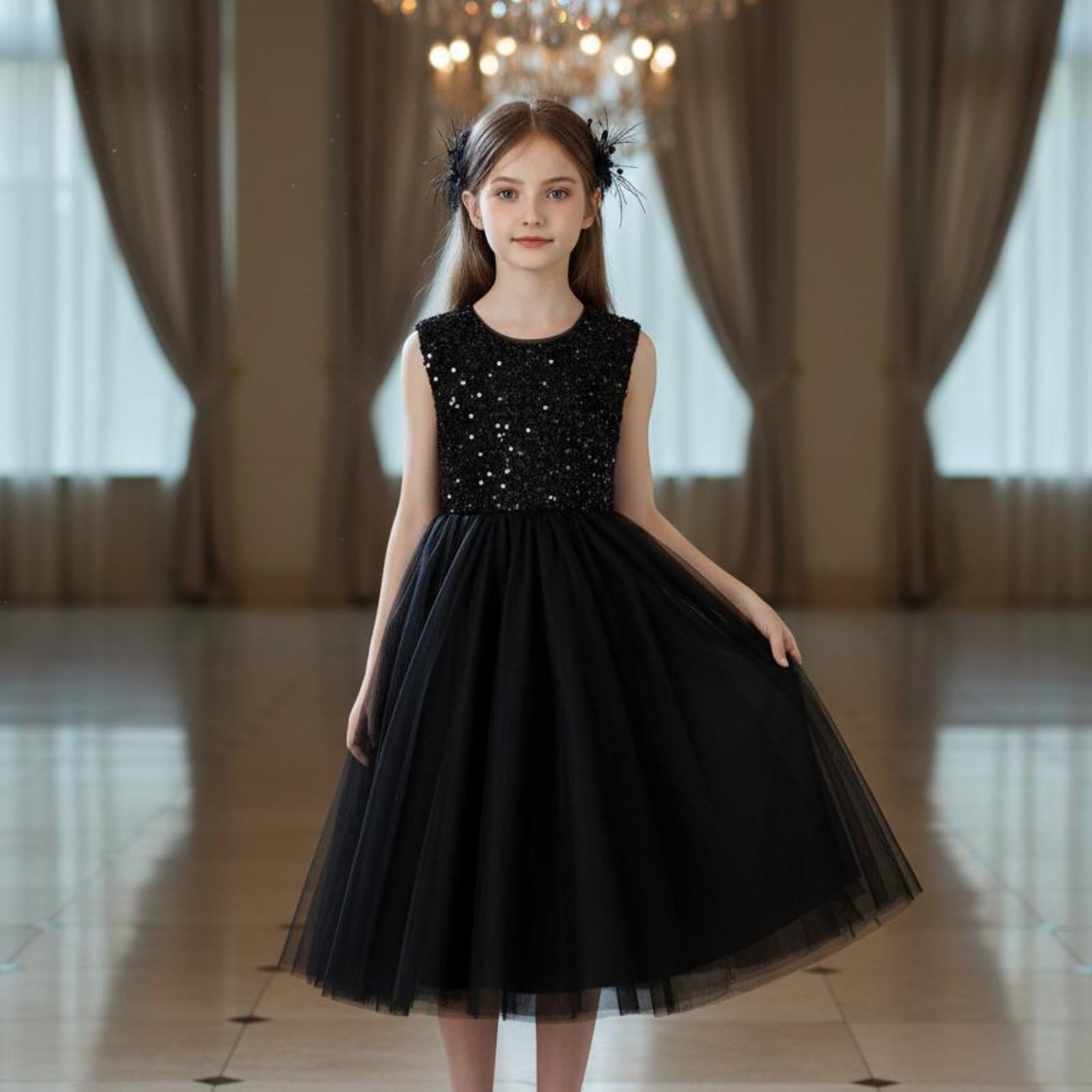 Vestido de Actuación sin Mangas Esponjoso Vestido de Fiesta Negro Infantil Forro para Ocasiones Formales