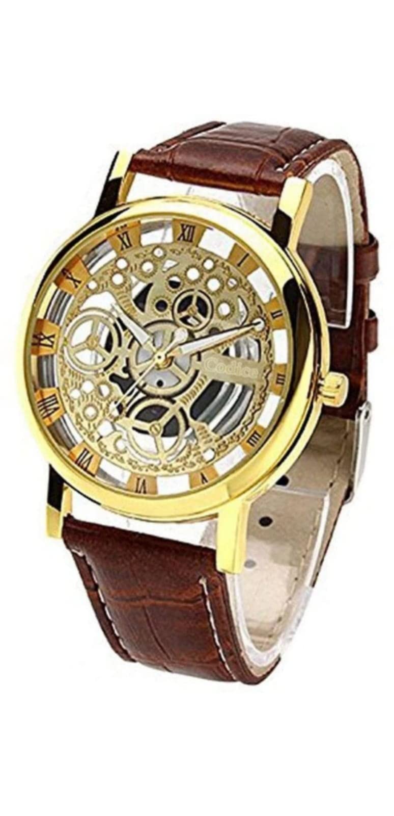 ADNOCK,Letest Open Dial Transparent Gold Dial Analogue Strap Brown Leather Luxury Fashionable Watch for Men&Boys (B0BM782TC9) Amazon Price History, Amazon Price Tracker