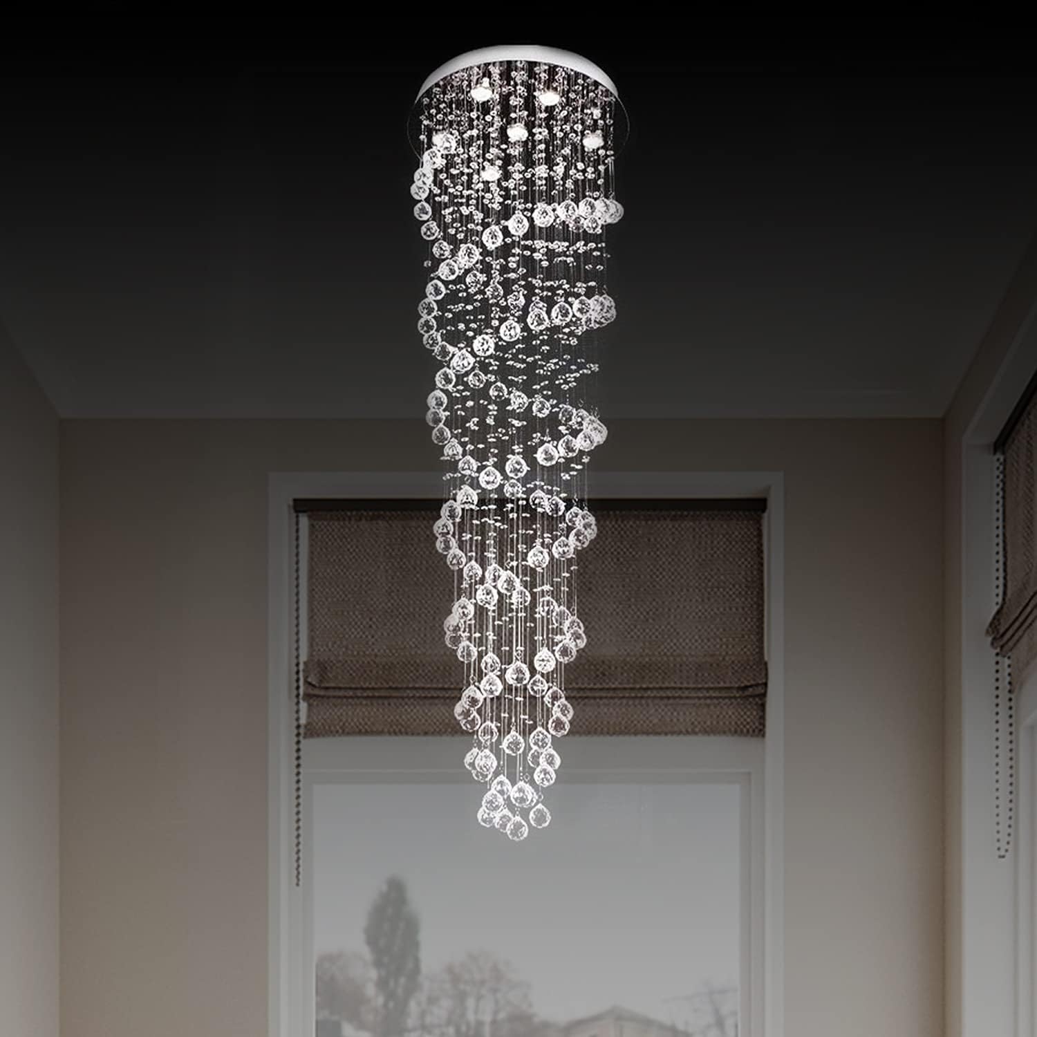 Siljoy Double Spiral Chandelier K9 Crystal Rain Drop Design LED Ceiling Light Fixture D50 x H150 cm