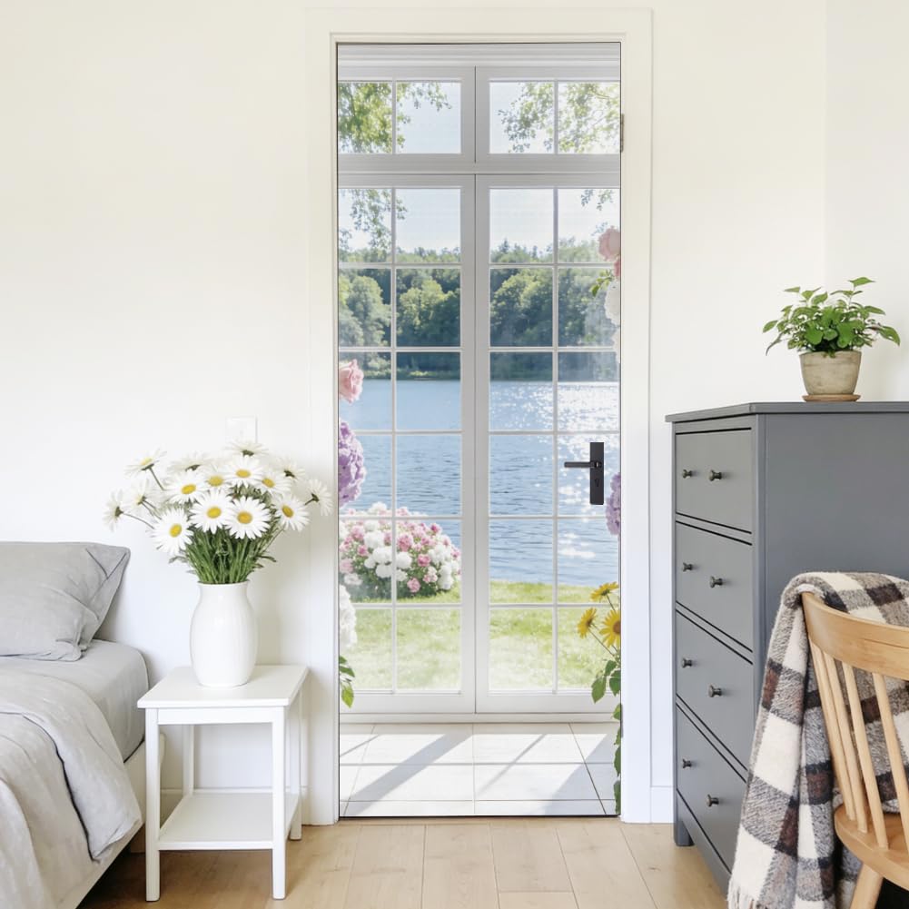 arricraft 2 Pcs Lake View Window Theme Self-Adhesive Door Sticker, 31.5"x78.7" Lake Surface Colorful Flowers Decorations Door Murals Stickers PVC Removable Wallpaper Decoration for Bedroom Living Room