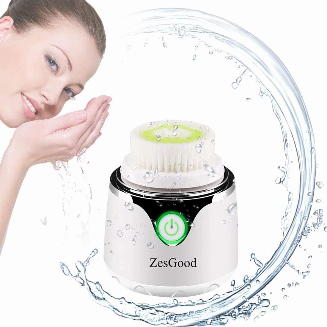 Electric Sonic Vibrating Face Brush, ZesGood Mini Facial Cleansing Brush with 2 Brush Heads/3 Speeds for All Skin Types Gentle & Deep Cleaning/Exfoliating, Wireless Charging/Waterproof - White …