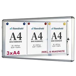 Floodirekt Vitrina de pared 3 x DIN A4 con marco de aluminio y cristal acrílico, incluye imanes, caja de información, caja colgante magnética y pared posterior para escribir