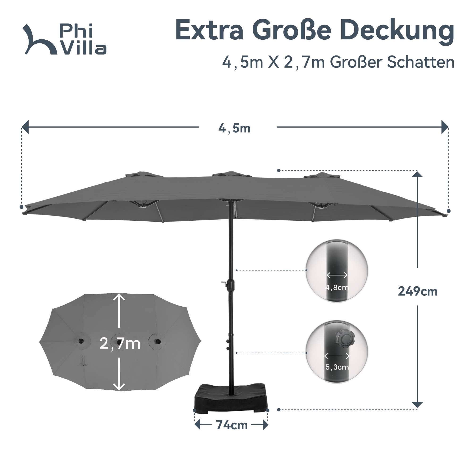 PHI VILLA Sonnenschirm Rechteckig mit Ständer Groß 270x450cm für Garten Terrasse Gartenschirm mit Kurbel UV Schutz Parasol Windfest