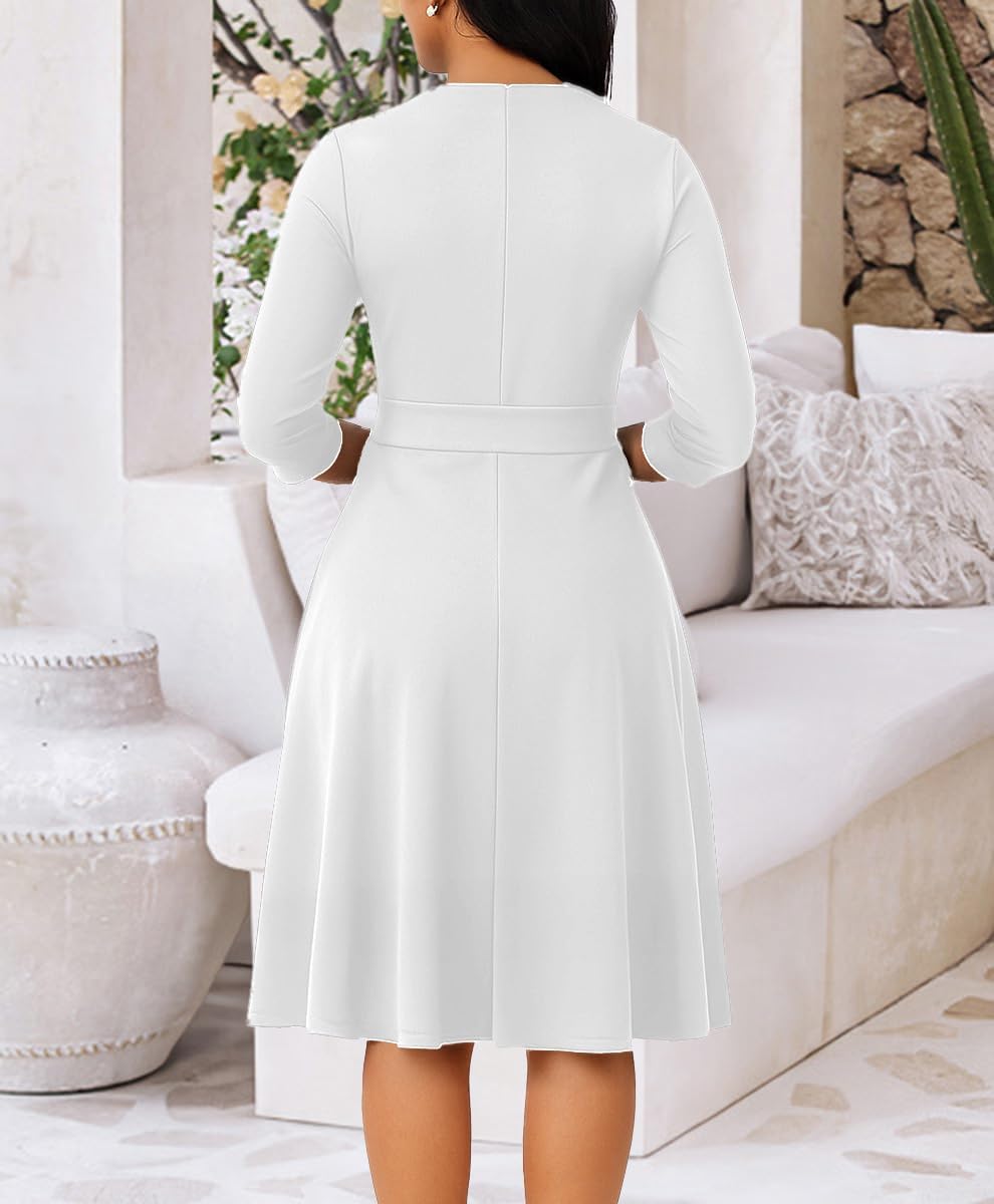 Casual Dresses for Women Midi Church A-Line Fit and Flare Dress Crewneck 3/4 Sleeve Party Dress - Image 3