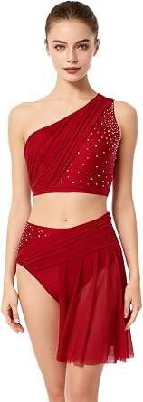 Women Lyrical Dance Costume One Shoulder Crop Top with Mesh Skirted Briefs Two Piece Modern Contemporary Outfit