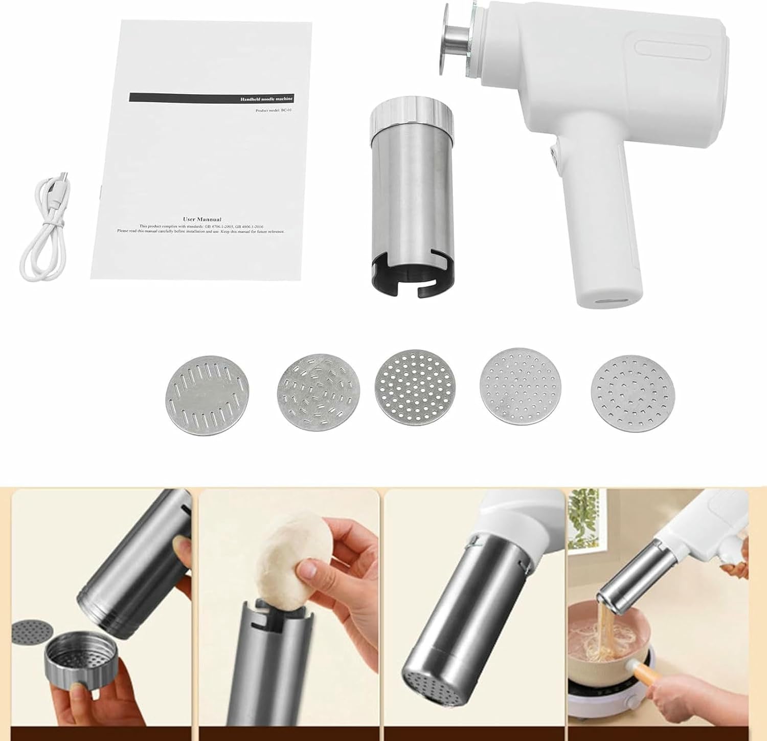 Handheld Electric Pasta Maker, Stainless Steel Noodle Maker Machine with 5 Shaping Molds, Household Portable Cordless Pasta Machine for Kitchen - Easy to Clean