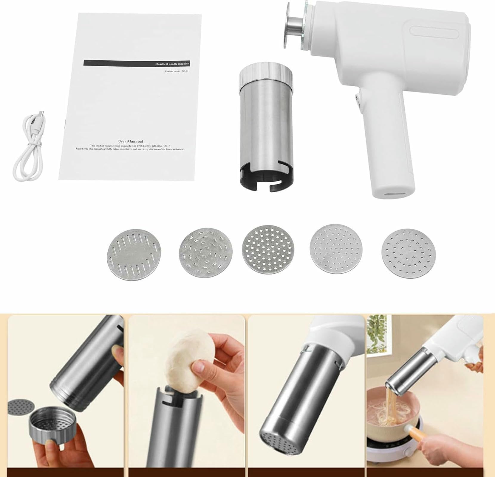 Máquina de pasta portátil inalámbrica acero inoxidable con 5 moldes for dar forma, ideal for la cocina. Fácil limpiar