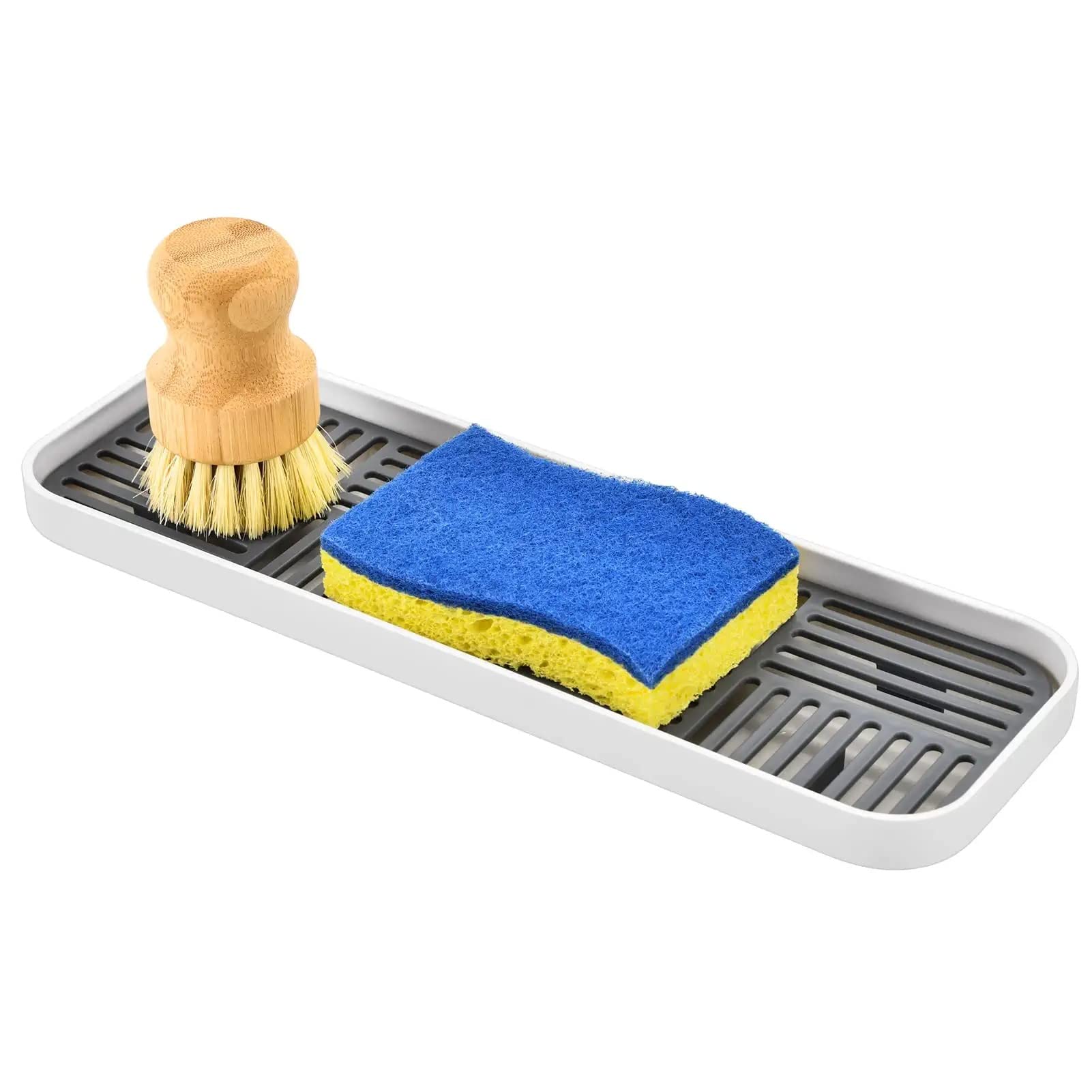 MAKINGTEC kitchen Soap Tray, Double Layer Sink Organizer for Kitchen Counter/Bathroom, Soap and Sponge Holder with Detachable Drain Tray, Grey+White, 1 PACK