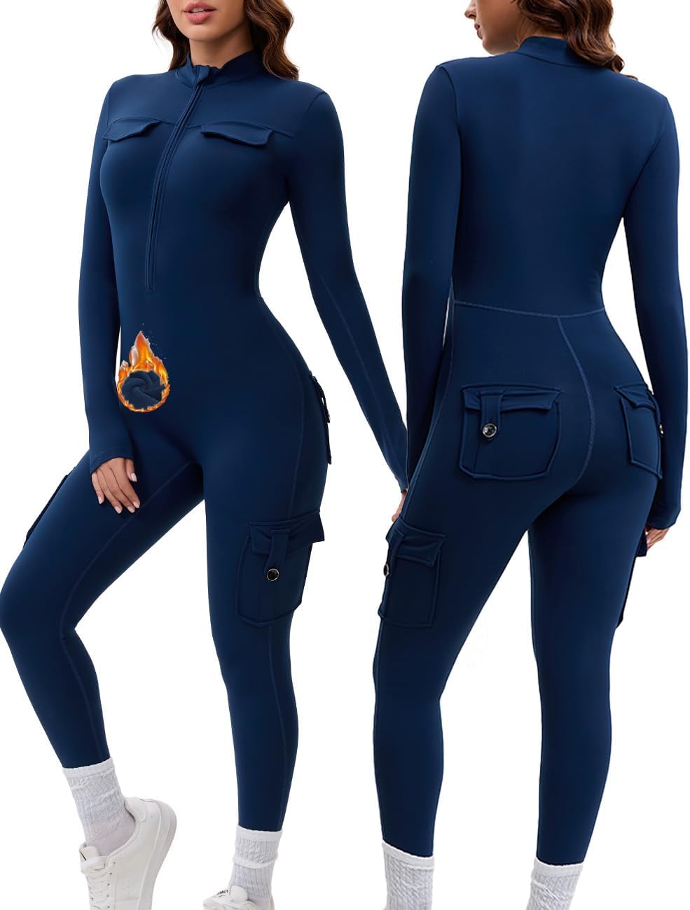 AEEZO Womens Fleece Lined Long Sleeve Cargo Zip Up Jumpsuit with Pockets Thermal Sexy Tummy Control One Piece Bodysuit