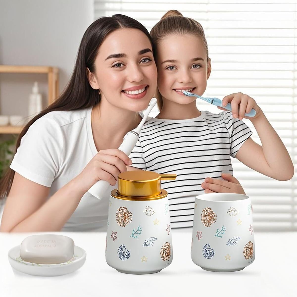 Set di accessori da bagno in ceramica con motivi vegetali, accessori con dispenser di sapone, piatto, bicchiere, decorazione per la casa, decorazione costiera (set da 4 pezzi, verde)