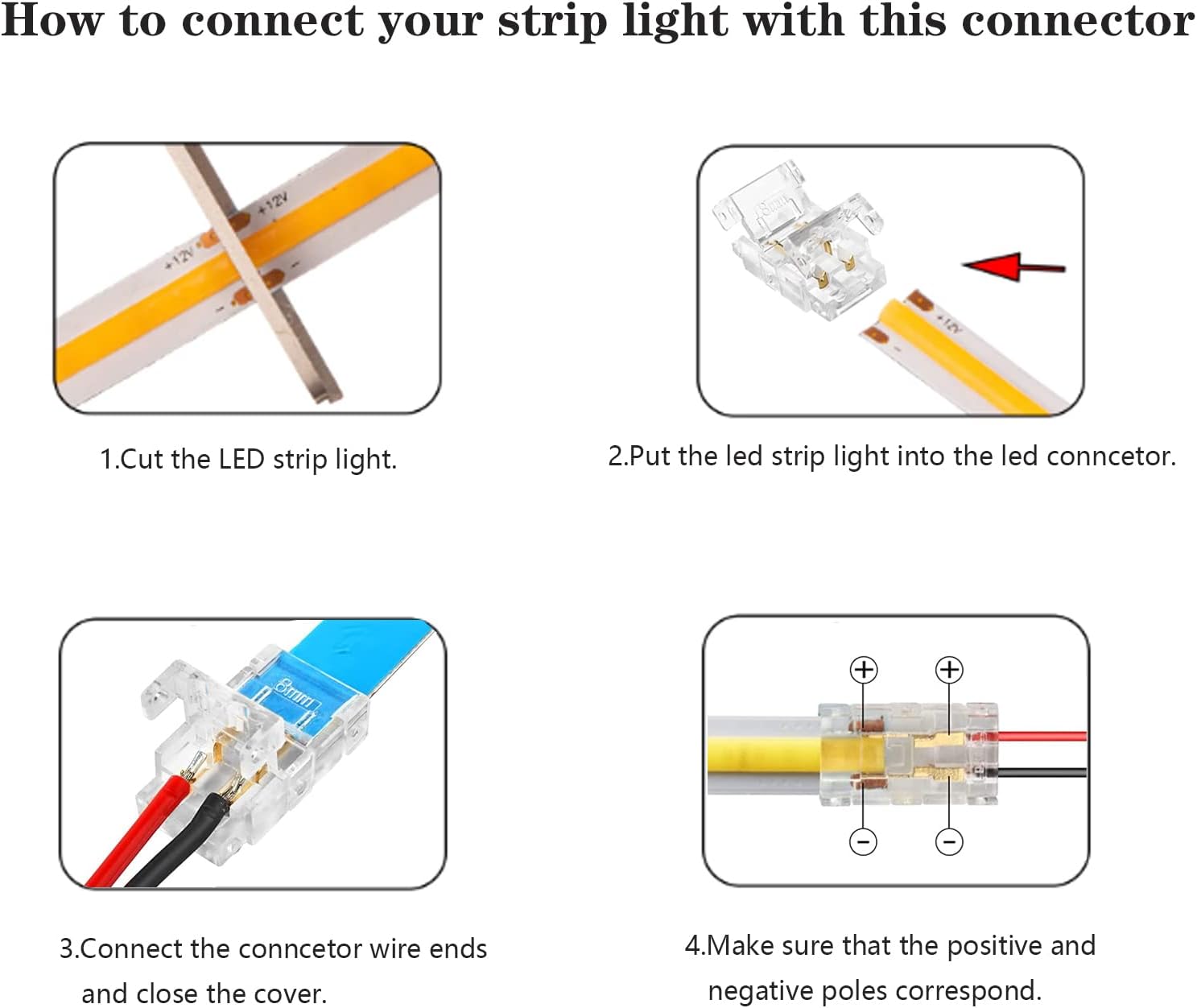 Amefil 2 Pin 8mm COB LED Strip Connectors, Gapless Solderless Extension Connection,Strip to Wire Quick Connection for Singel Color COB LED Strip (2p8mmBX)