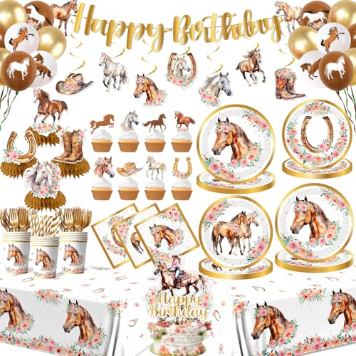 Cowgirl Birthday Party Decorations Tableware Set Horse Party Supplies Includes Plates Napkins Cups Banner Hanging Swirl Tablecloth Cake Topper for Girl Birthday Decorations Serve 24