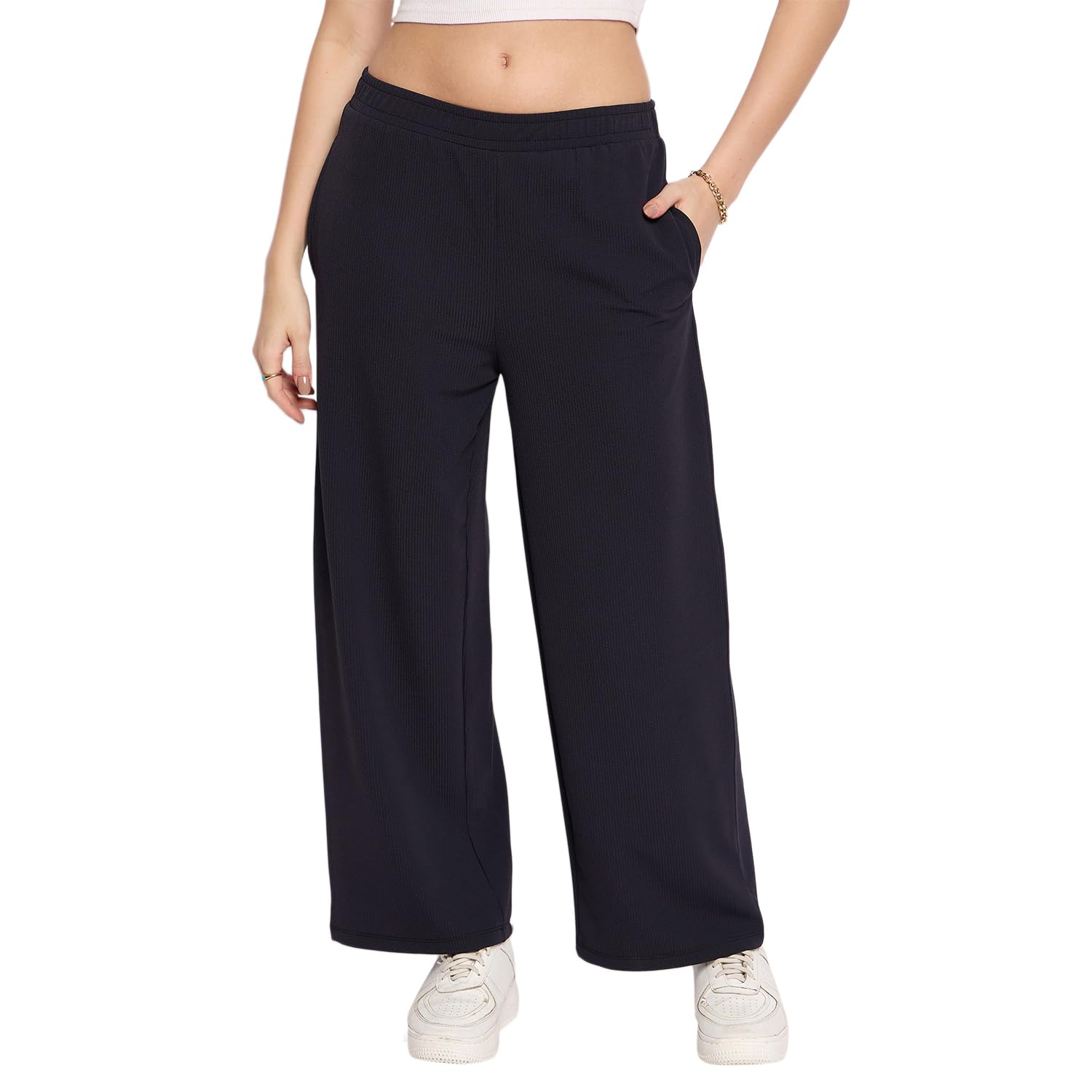 Women's Palazzo Pants with Pockets, Wide Leg, Ribbed Pattern, Elastic Waistband-image-32