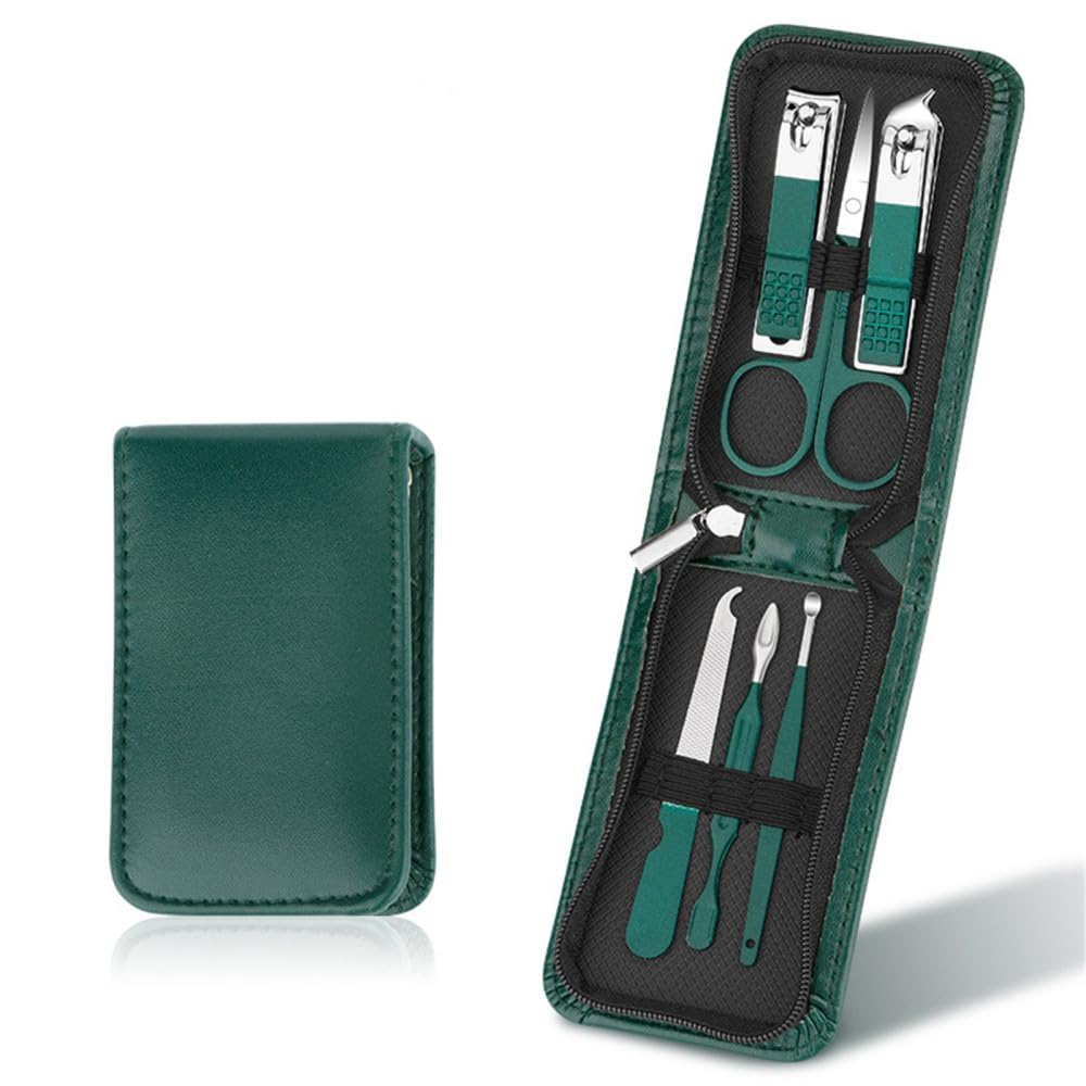 LOVHIDE Essentials 6 Pcs Manicure Set Nail Clippers, Stainless Steel Nail Scissors Grooming Kit, Acne needle, Blackhead Tool Leather Travel Case (Green/Black)-image-47