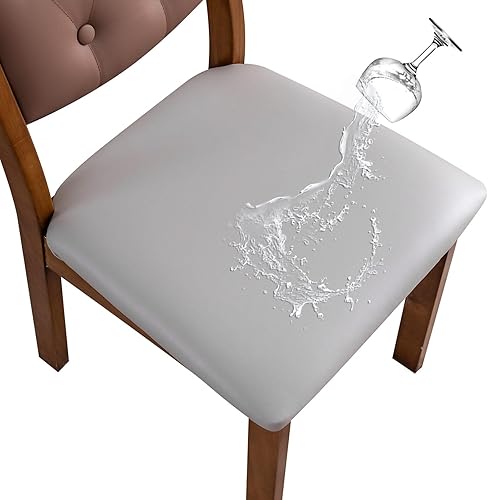 Miniatura 9 de Genina - Fundas impermeables de cuero PU para sillas de comedor, juego de fundas para asientos de silla de 6 piezas, fundas elásticas para sillas