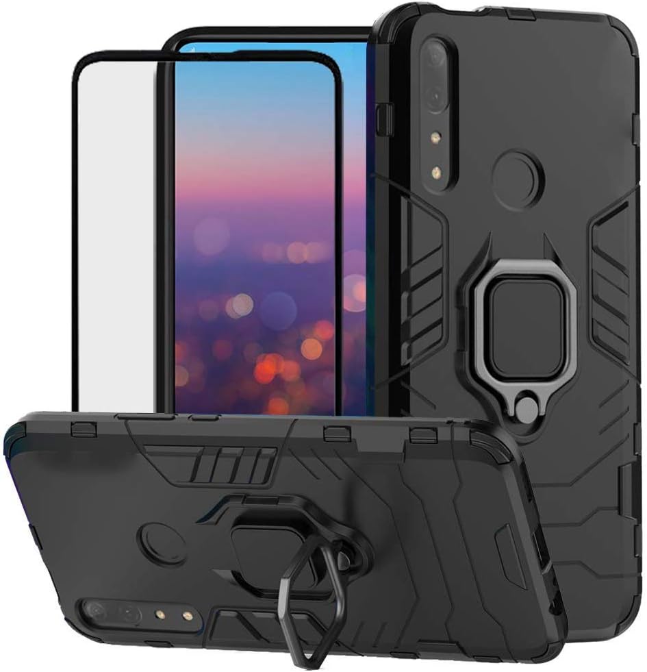 for Huawei P Smart Z / Y9 Prime 2019 Case, 2 in 1 Hybrid Heavy Duty Armor Shockproof Defender Kickstand Dual Layer Bumper Hard Back Case Cover Tempered Glass Screen Protector,Black
