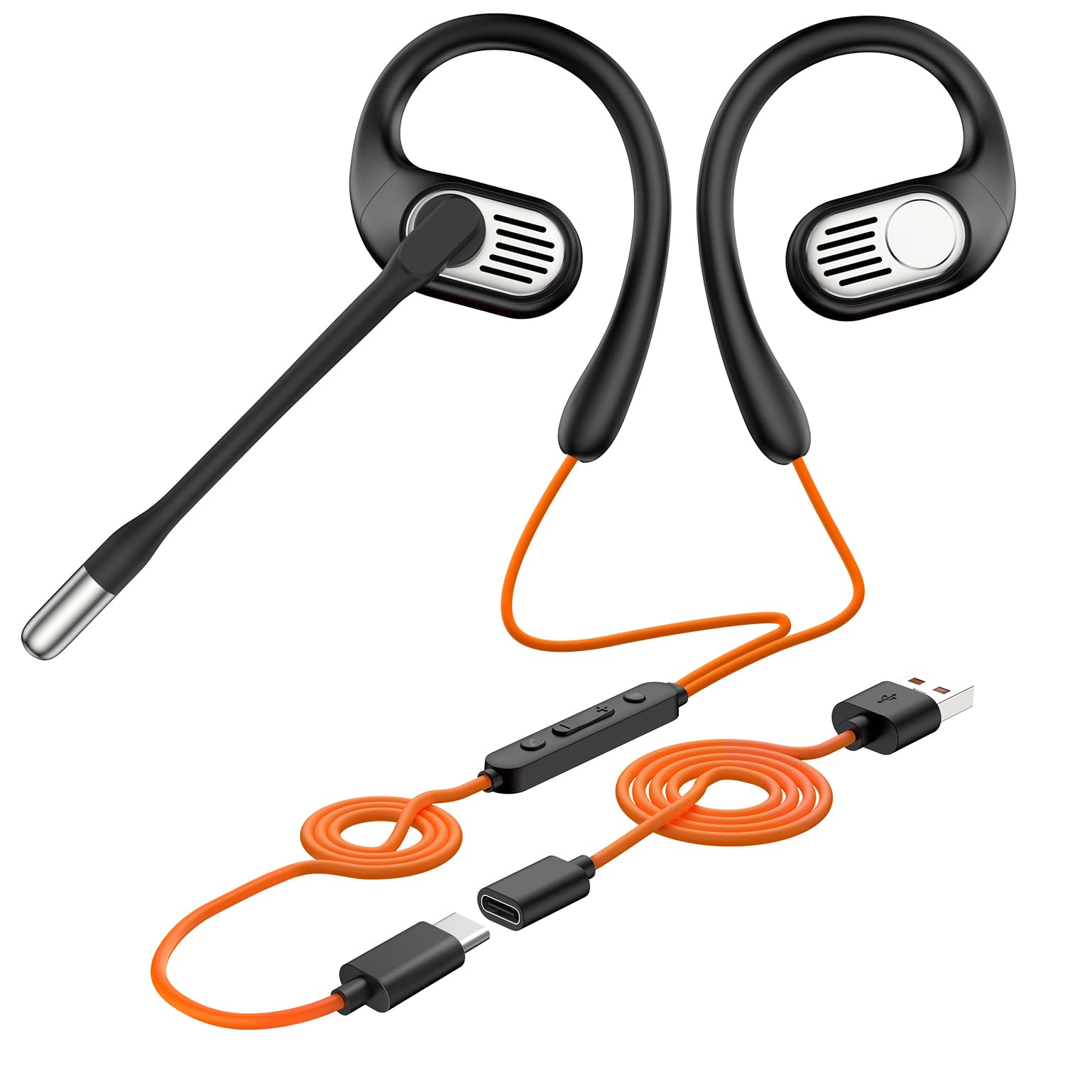 OpenRock Link 10 - Open-Ear Wired Headphones, Dual-Mic AI Noise Cancellation Mic & 240° Rotatable Boom Mic, USB-C & USB-A Interfaces for Work Calls and Meetings