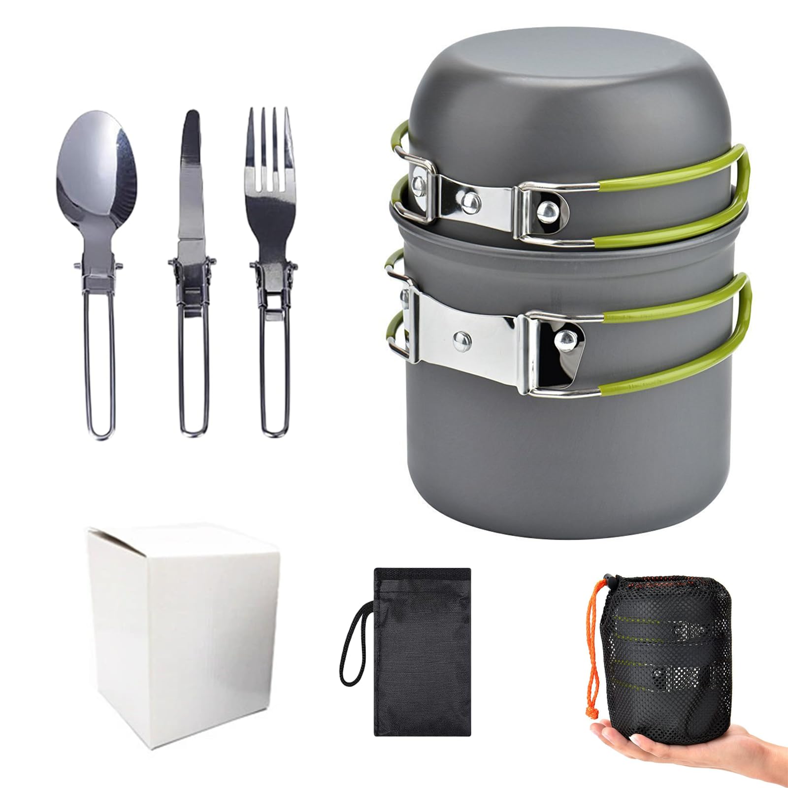 Portable Camping Cookware Set - 2-in-1 Picnic Pot & Pan with Foldable Cutlery | Lightweight Mess Kit for Backpacking, Hiking & Outdoor Cooking (1-2 People, Easy to Clean, Green)