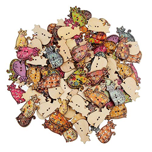AKOAK 50 Pack Vintage Random Color 2-Hole Cat Shaped Wooden