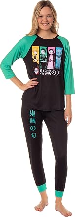 Bioworld Demon Slayer Womens Character Panels Kanji Raglan Lounge Pajama Sleep Set