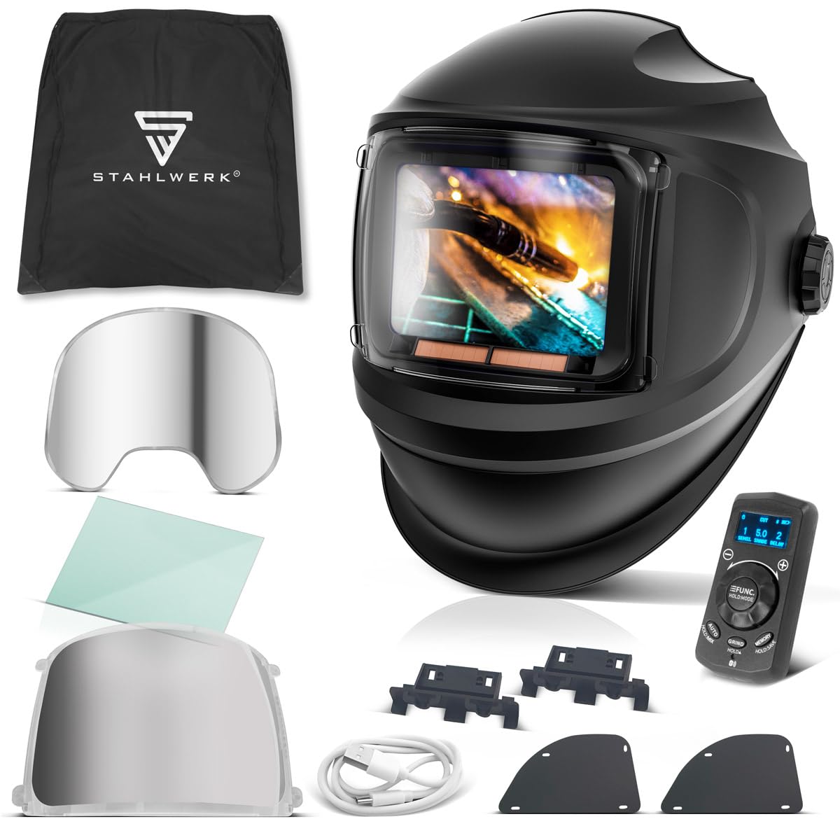 STAHLWERK Automatik-Schweißhelm 3-in-1 Master mit True-Colour & Jobspeicher | Schweißerhelm mit autom. Abdunkelung DIN 4-14, optische Klasse 1/1/1/1, Klapp-Visier, Bluetooth, Sichtfeld 116 x 81 mm