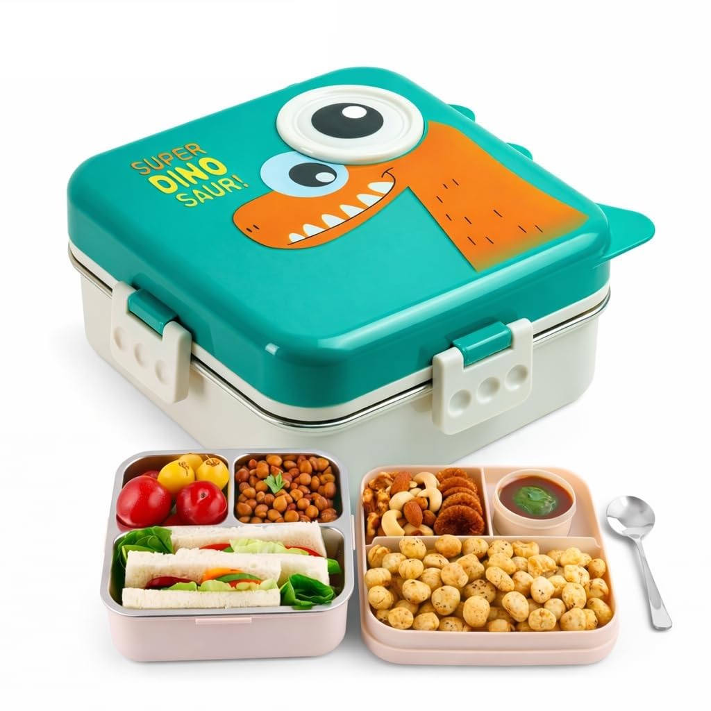 TEC TAVAKKAL Super Dinosaur Green Kids Lunch Box – Stainless Steel Insulated Tiffin for School with Spoon, BPA-Free | Leak-Resistant Bento Box with Tray & Container | 1120ml + 70ml (Dinosaur, Green)-image-26