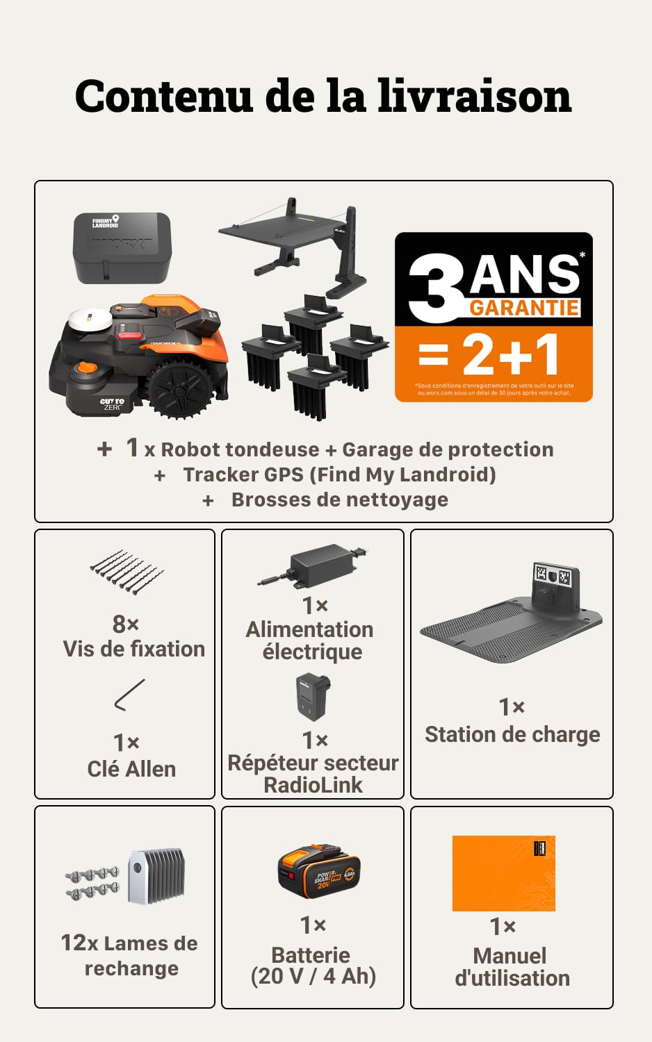 WORX Vision Cloud 2WD WR318E Robot tondeuse 1800 m² sans fil périphérique + Garage + Antivol + Brosse de roue + Lames longue durée (évitement d'obstacles IA, navigation VSLAM + RTK Cloud, Cut-to-Zero)