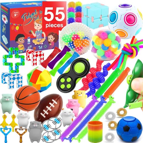Hapitoys Sensory Toys Set 55 Pack Stress Relief Fidget Hand Toys for Adults and Kids Sensory Fidget and Squeeze Widget for Relaxing Therapy