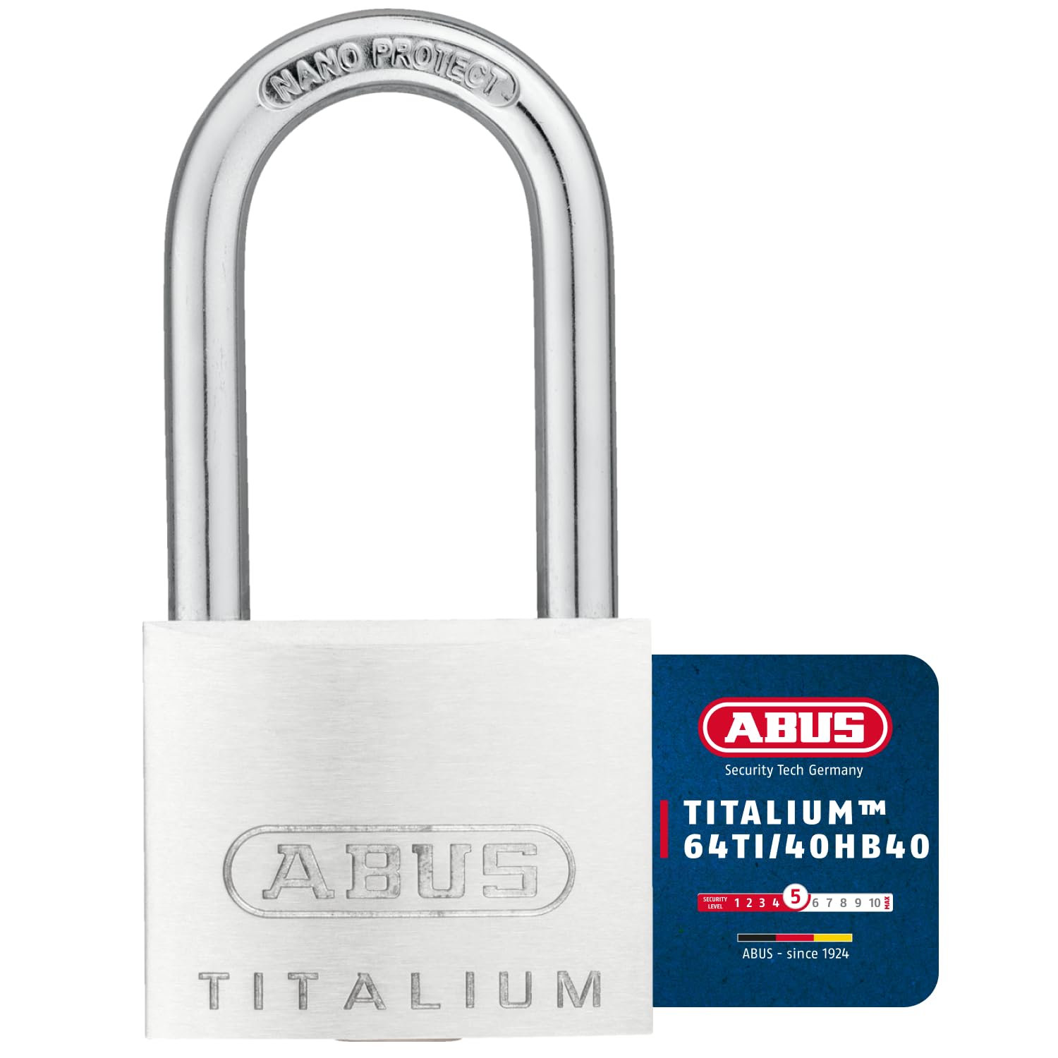 ABUS Candado de Titalium 64TI/40HB40 - Cierre de Aluminio con Arco Largo | Nivel de seguridad 5 con arco de acero endurecido y doble cierre, ideal para sótanos, taquillas y cajas de herramientas
