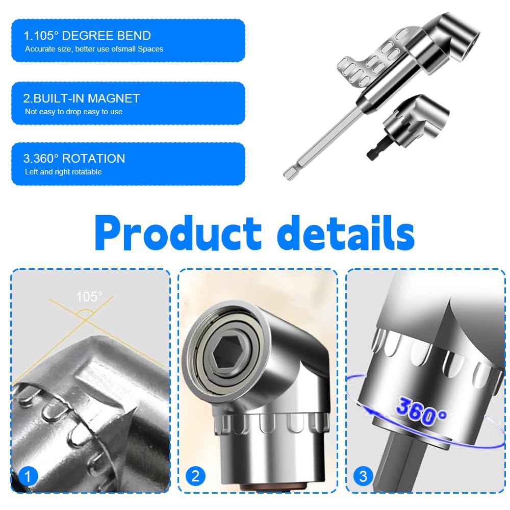 12 Pièces Renvoi D'Angle Visseuse Kit, 105 Degree Right Angle Drill Adapter, Corner Tool Screw Hub with Multi-function Bend Screwdriver Bit, 1/4" Hex Shank Driver Angle Drill Attachment