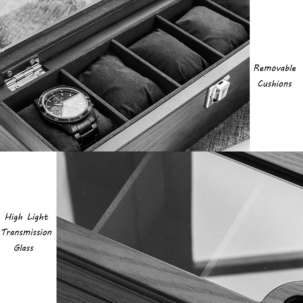 MUSUMI Caja de reloj de Madera Joyas de lujo Relojes Caja de exhibición Bandeja de pulsera con 5 almohadas de almacenamiento extraíbles, organizador de gemelos con cerradura y vidrio Superior