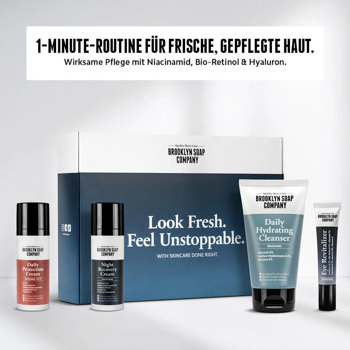 Skincare Essentials mit SPF · BROOKLYN SOAP COMPANY | 4-teiliges Gesichtspflege-Set für Männer · Für eine einfache & effektive Pflegeroutine