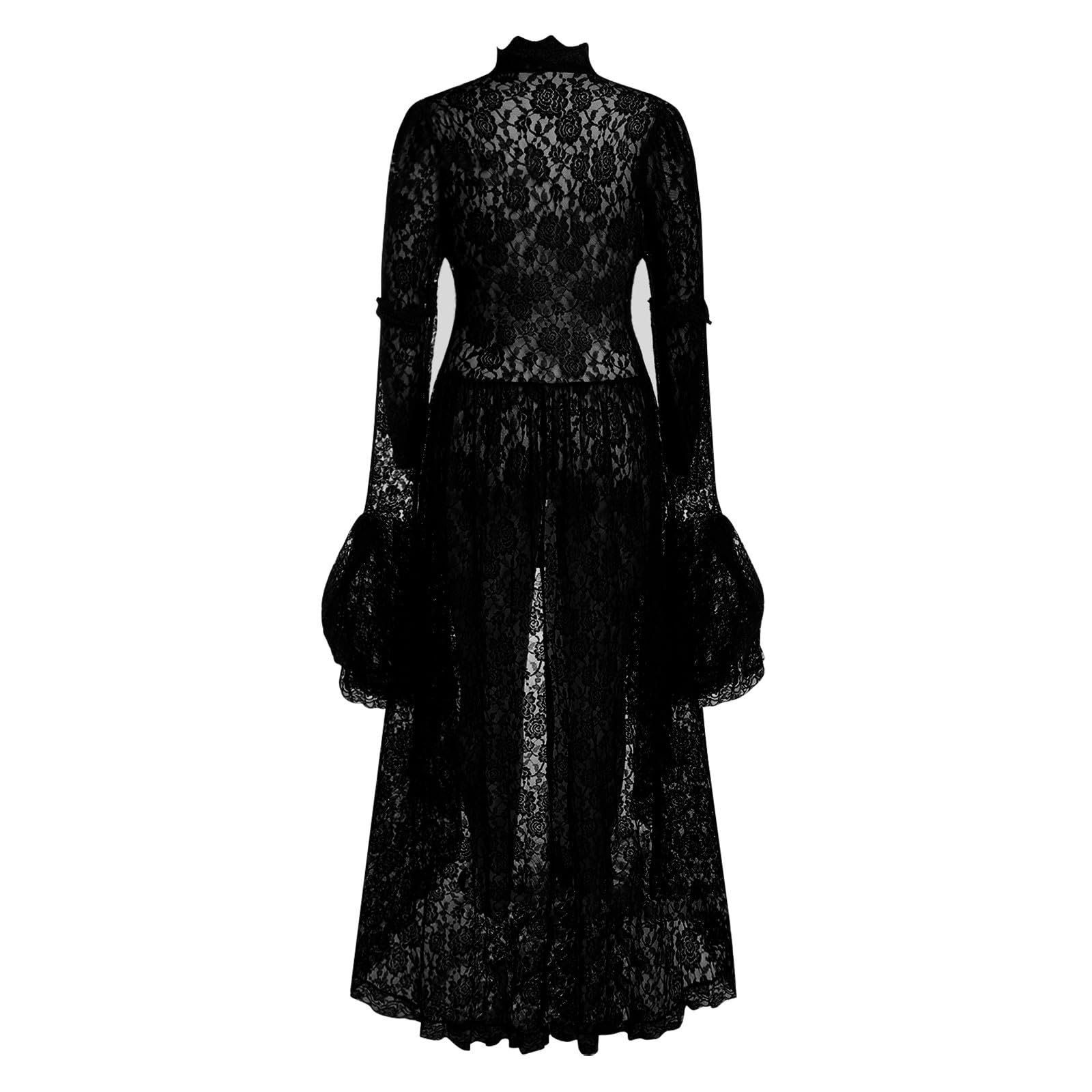 Damen Gothic Mittellange Abendkleider L-4XL Spitze Mesh Lange äRmel Kalte Schulter Halfter Rundhalsausschnitt GroßEr Saum Totenkopf Vintage Hepburn Partykleid Frauen MäDchen Umstandskleider