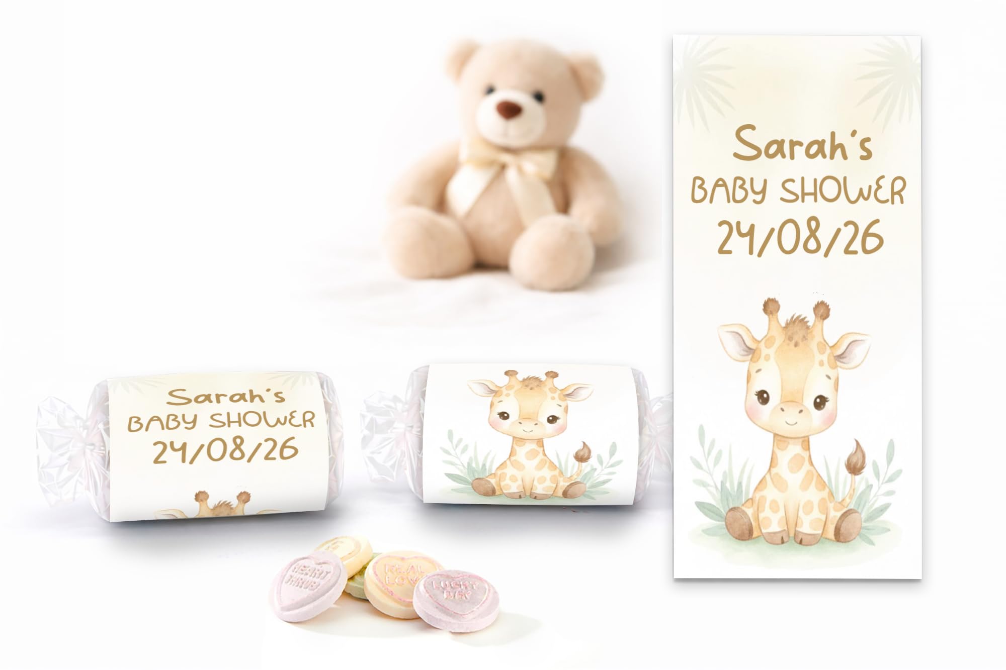 Personalised Woodland Baby Shower Love Hearts Sweets, Custom Wrapped Mini Love Hearts Favours, Pastel Storybook Bunny Design, Ready Wrapped Party Candy UK (25 Baby Giraffe)