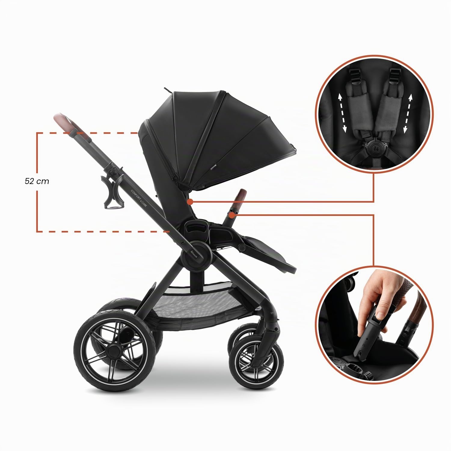 hauck Poussette Compacte, Couvre Jambes et Canopy XL, Comfort N Care Black | Grandes roues caoutchouc, poignée réglable, siège réversible, UPF 50+, position allongée dès la naissance à 22 kg / 4 ans