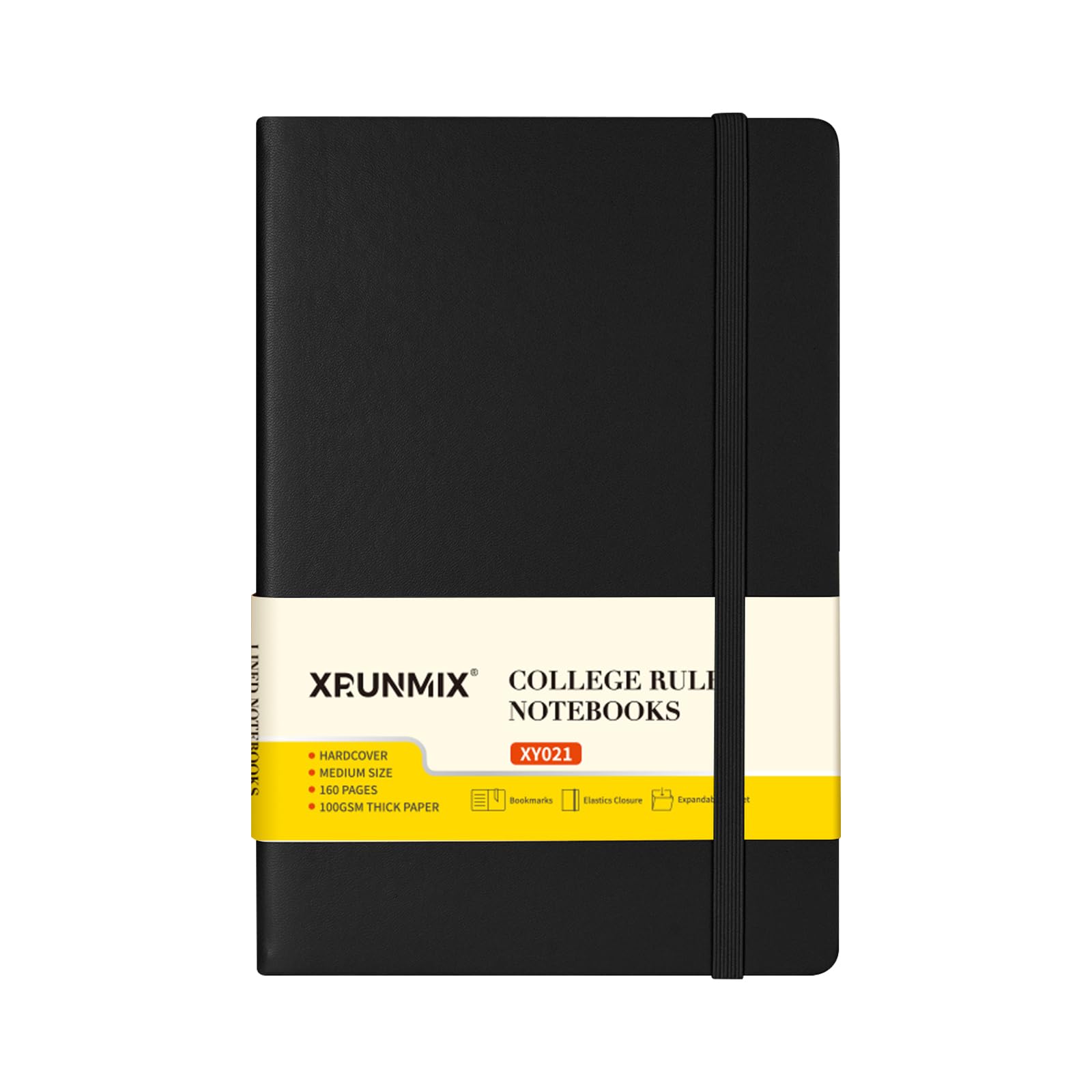 XRUNMIX A5 Hardcover Notebook, Lined, 100gsm Paper, with Inner Pocket, Ribbon Bookmark, Elastic Closure, Assorted Colours, 160 Pages (Black - 1 Pack)