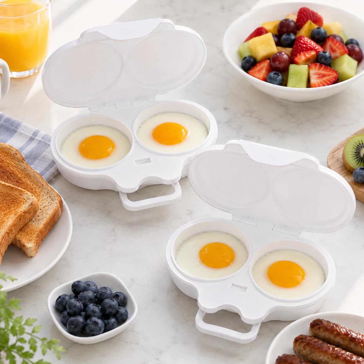 Dual Cavity Microwave Egg Poacher, 2027 New 2-Egg Cooker with Lid，White
