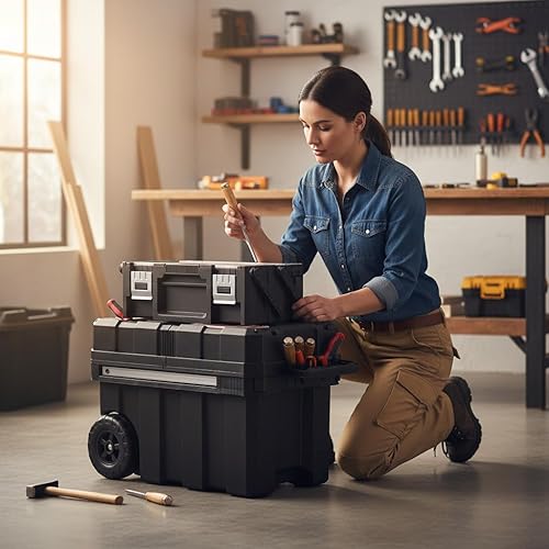 Miniatura 9 de Caja de herramientas móvil profesional con ruedas, capacidad de almacenamiento de 17.25 galones, construcción de plástico resistente, 24.3 x 14.9 x