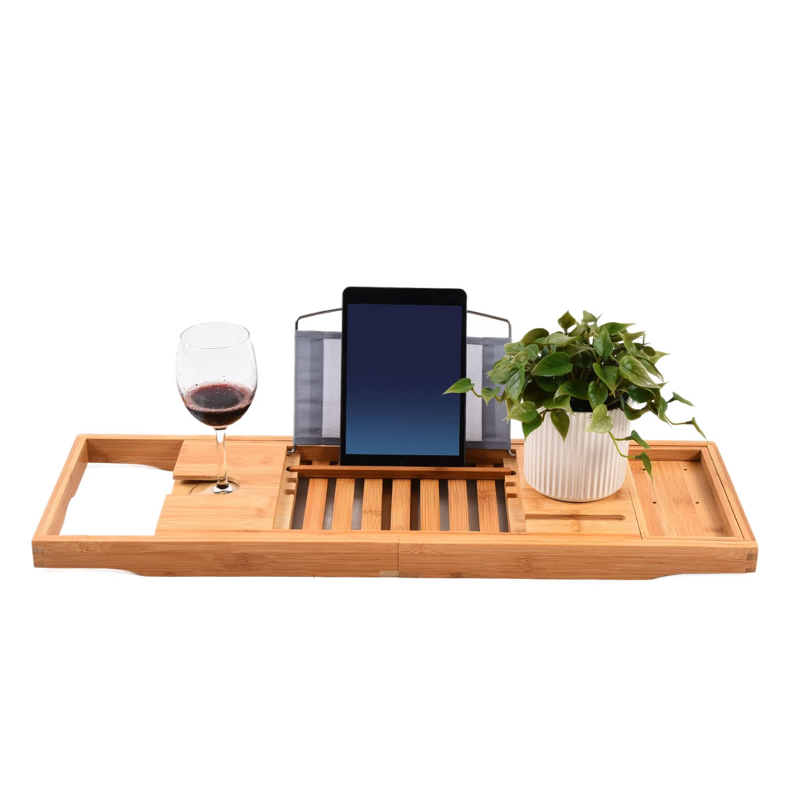 Cocoarm Bandeja de Baño, Bandeja de bambú para Bañera, Soporte de Baño Retráctil de 69,5x22,5 Cm con Soporte para Libros y Tabletas, Ranura para Copa de Vino para Uso en el Hogar, Hotel, SPA
