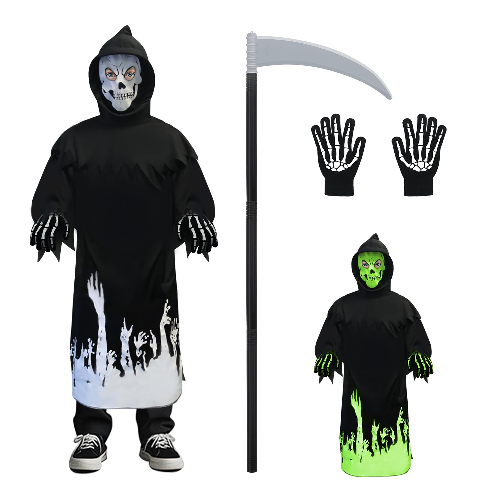 Newthinking Grim Reaper Costume for Kids, Halloween Glow-in-the-dark Grim Cape with Skull Mask Skeleton Gloves for Halloween Party