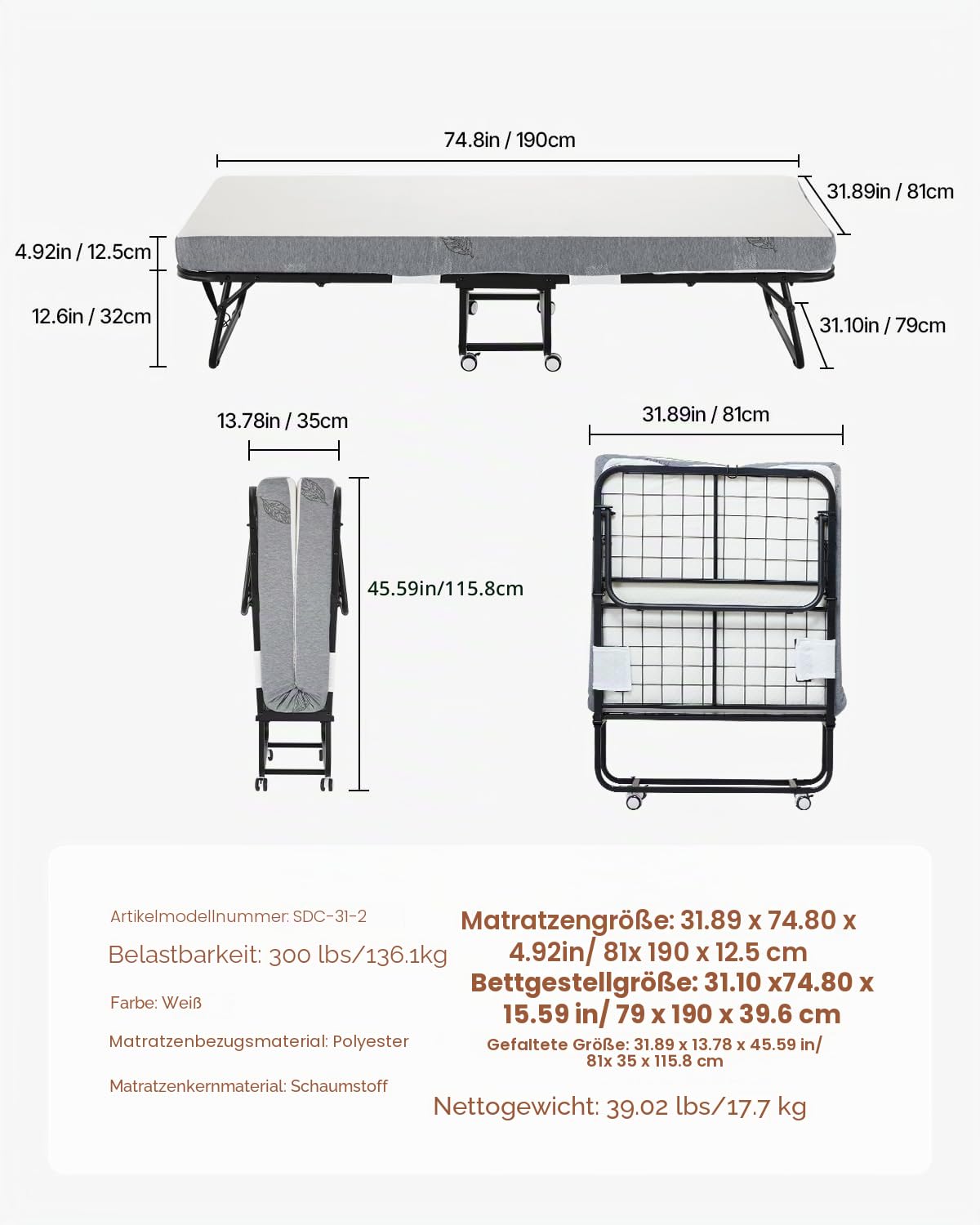 VEVOR Rollbett Klappbett mit 12,5 cm Matratze, faltbares Einzelbett mit Memory Foam-Matratze (190 x 81 cm), 136,1 kg belastbares Gästebett für Erwachsene, Metallbett für Schlafzimmer Wohnzimmer