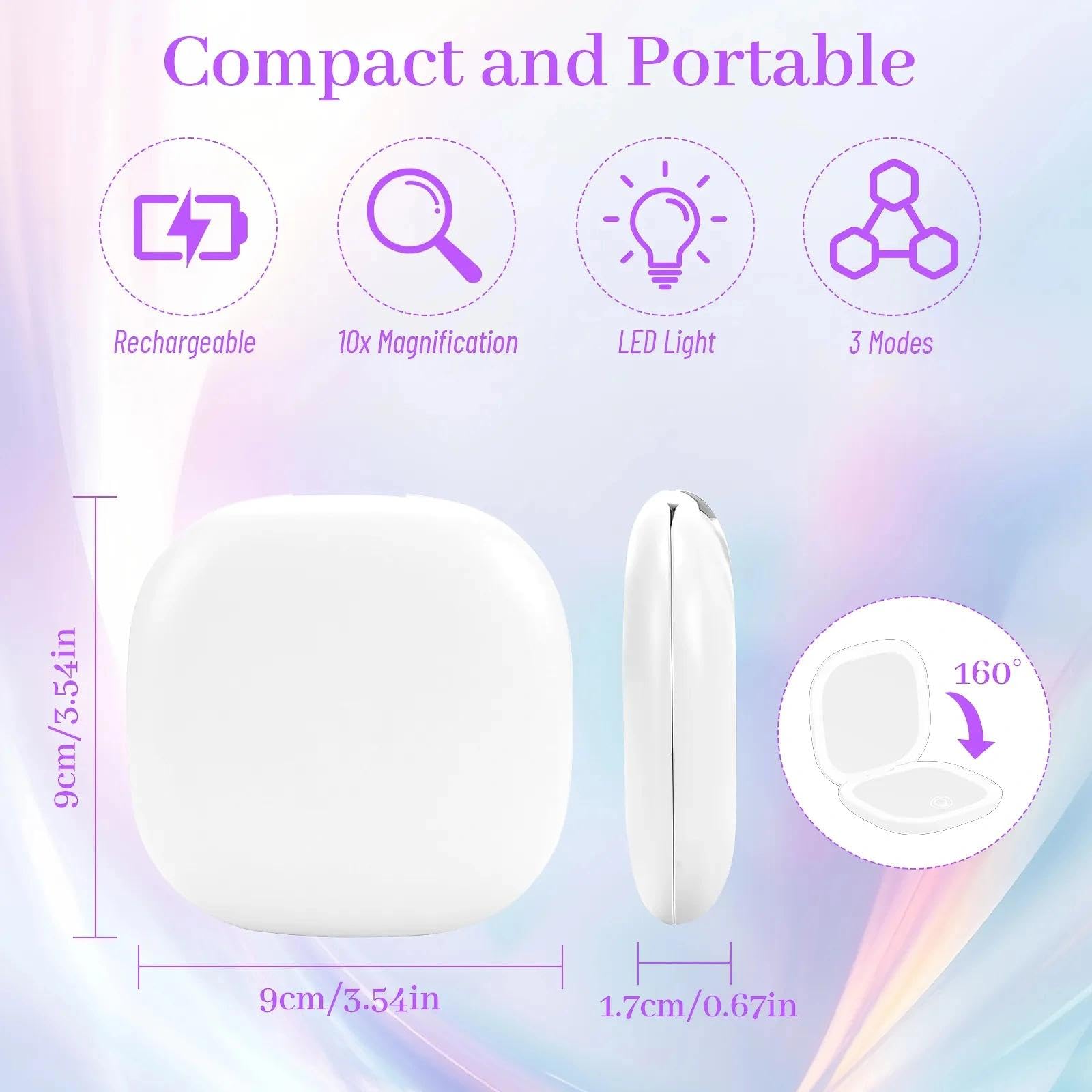 Collazoey Lusterko kieszonkowe LED z powiększeniem 1X/10x, ładowane przez USB, 3 regulowane oświetlenie, przełącznik magnetyczny, lusterko kieszonkowe, przenośne lusterko ręczne (białe)