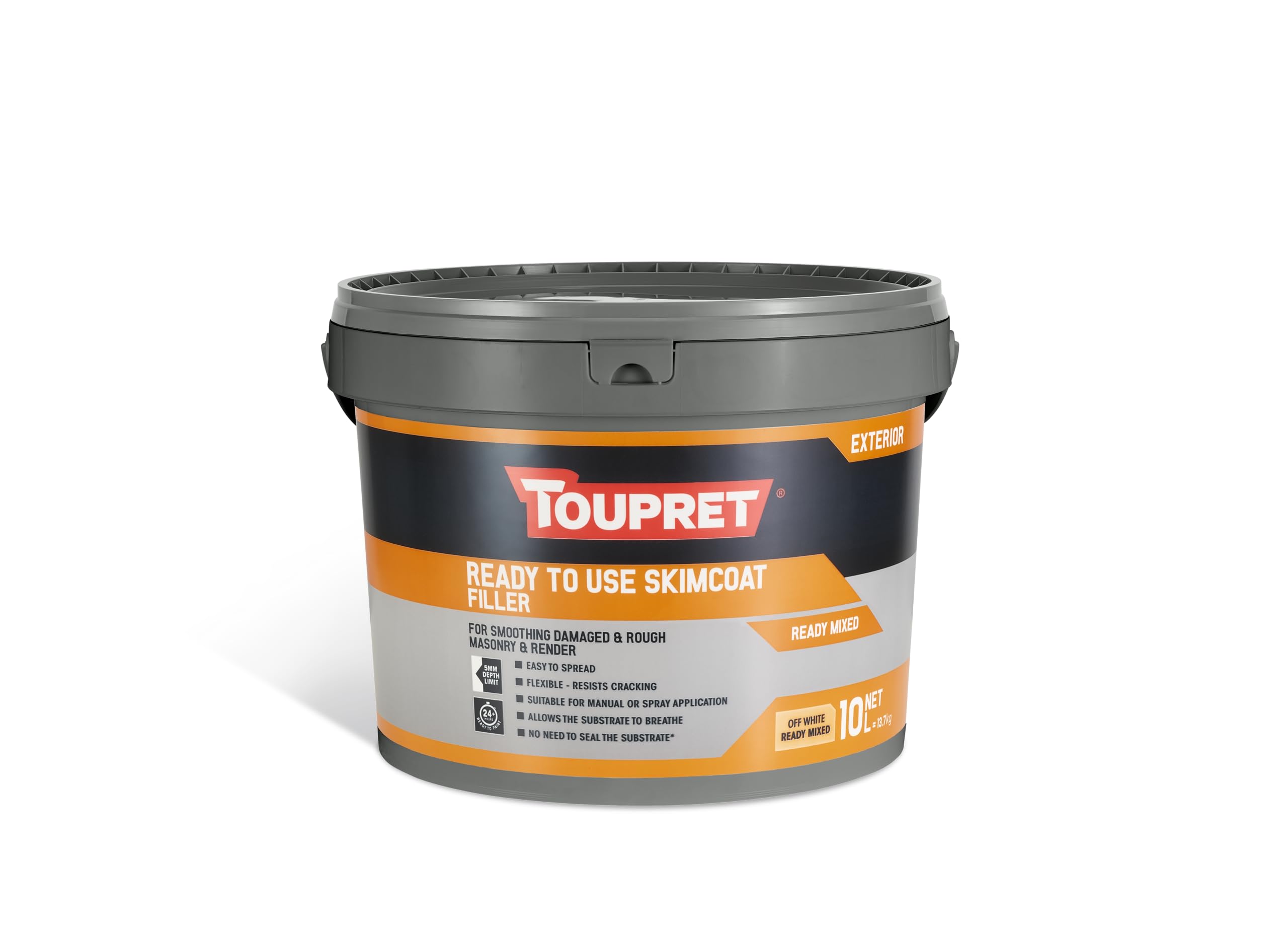 Toupret Ready-to-Use Exterior Skimcoat Filler - Pre-Mixed Masonry Smoothing Paste - High Adhesion, Weather-Resistant, Paintable Surface Prep - 10L