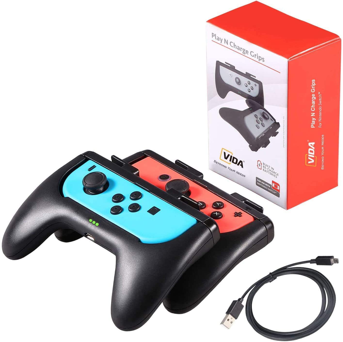 Grips for Nintendo Switch Joy-Con, CVIDA High Speed Charging Handle Kit for Switch Joy Cons Controller Built-in 500mAh Rechargeable Battery, 2 Packs (Black)