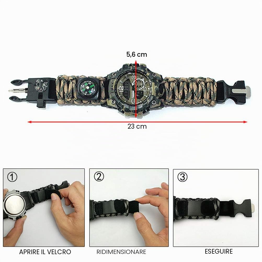 Orologio digitale militare di sopravvivenza, orologio da campeggio all'aperto, cinturino multifunzione, bussola, fischietto, cinturino paracord, attrezzature, set di attrezzi