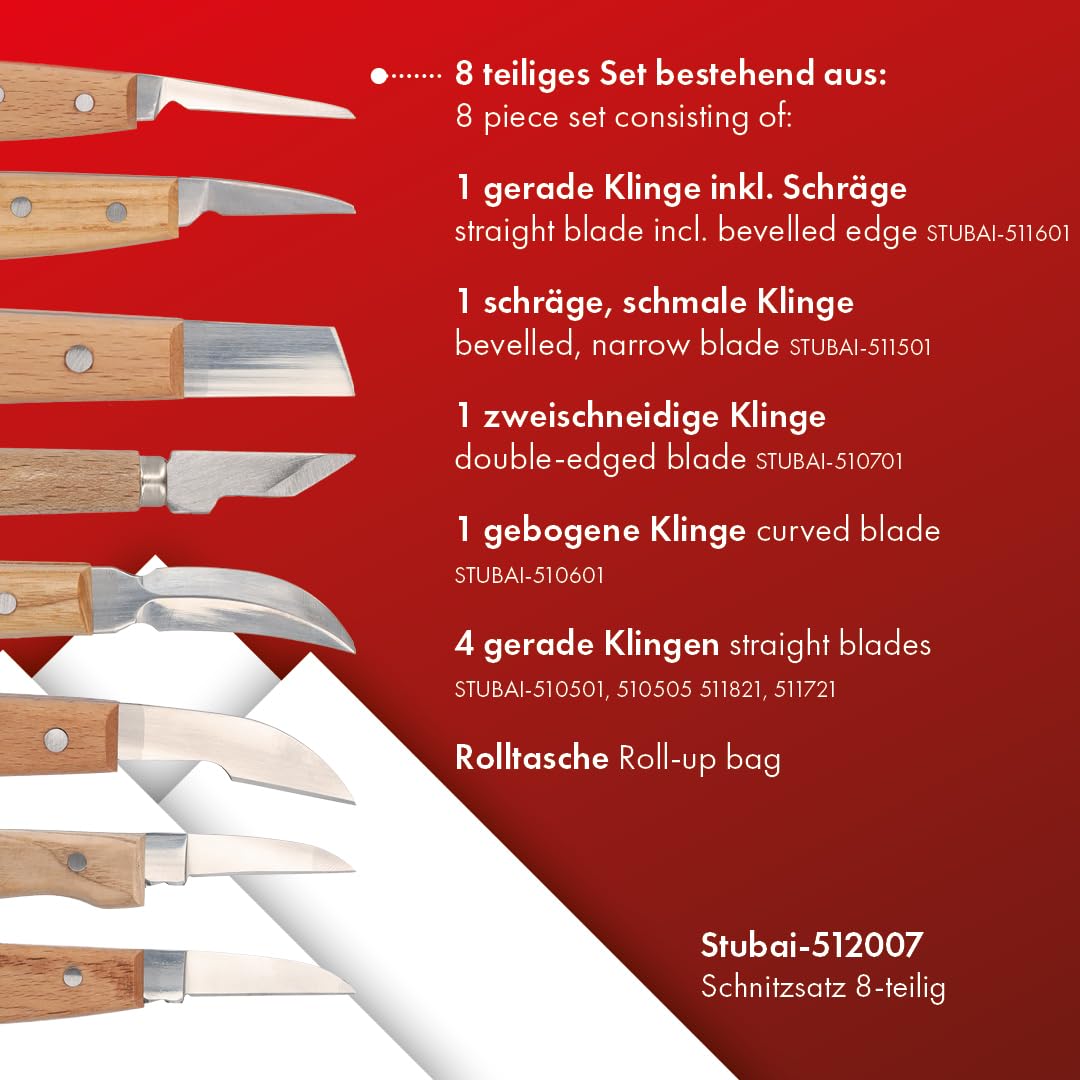 STUBAI 9-częściowy zestaw do rzeźbienia w zwijanej torbie, nóż do rzeźbienia z drewnianym trzonkiem, narzędzie do rzeźbienia w drewnie, do precyzyjnego rzeźbienia, obróbki drewna, narzędzia do