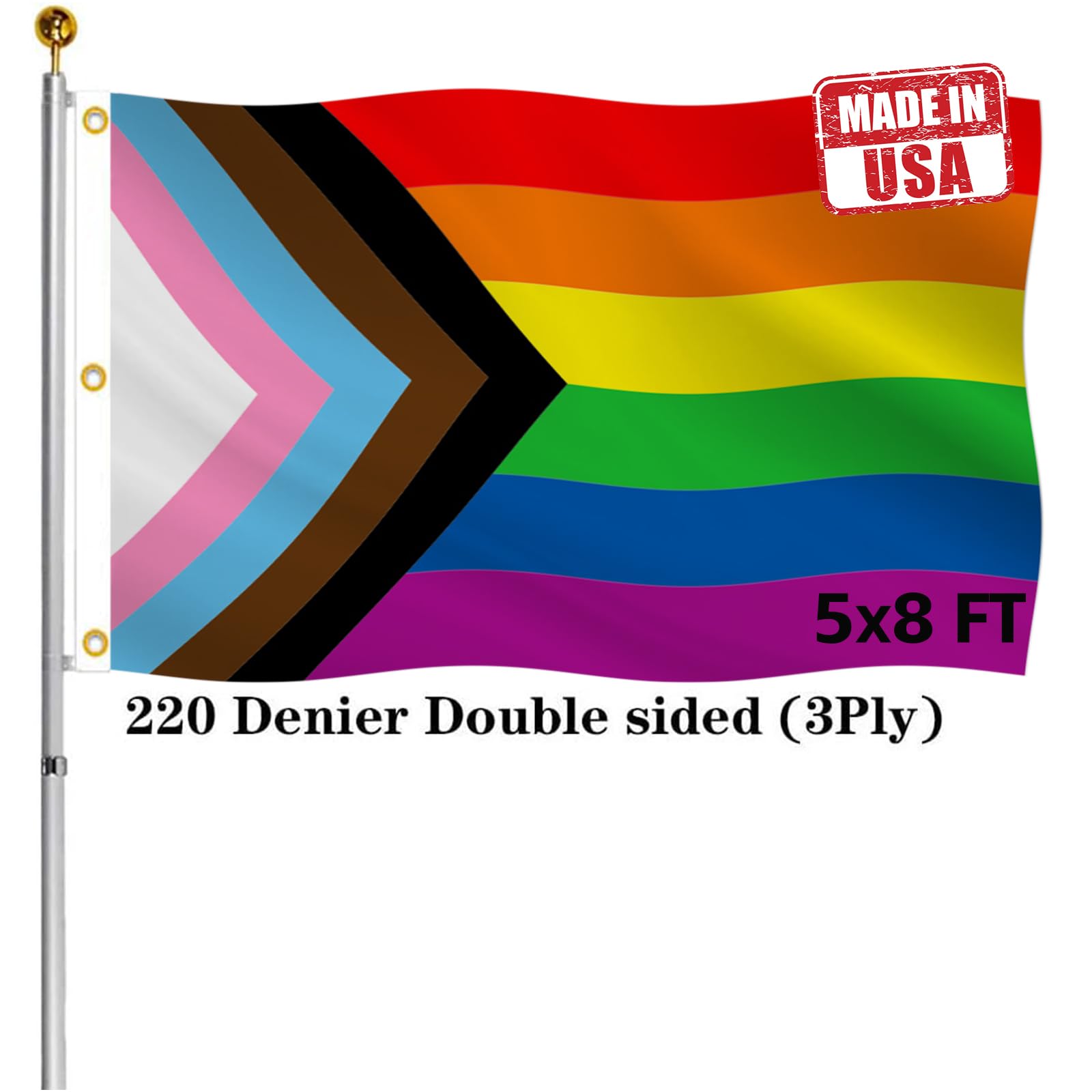 Double Sided Progress Rainbow Gay Pride Flag 5x8 Outdoor- UV Fade Resistant LGBTQ All Inclusive Progressive Flags with 3 Grommets