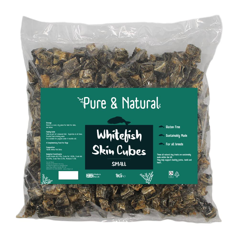 Pure & Natural 100% Natural Whitefish Skin Cubes Small For Dogs 1kg - Low Fat, Grain Free Dog Treats