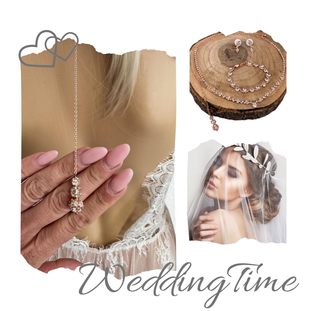 Brautschmuck Set Rosegold, Rückenkette mit Strass 23cm, Collier 38-48cm, Armband 18,5cm, Ohrringe 2,5cm