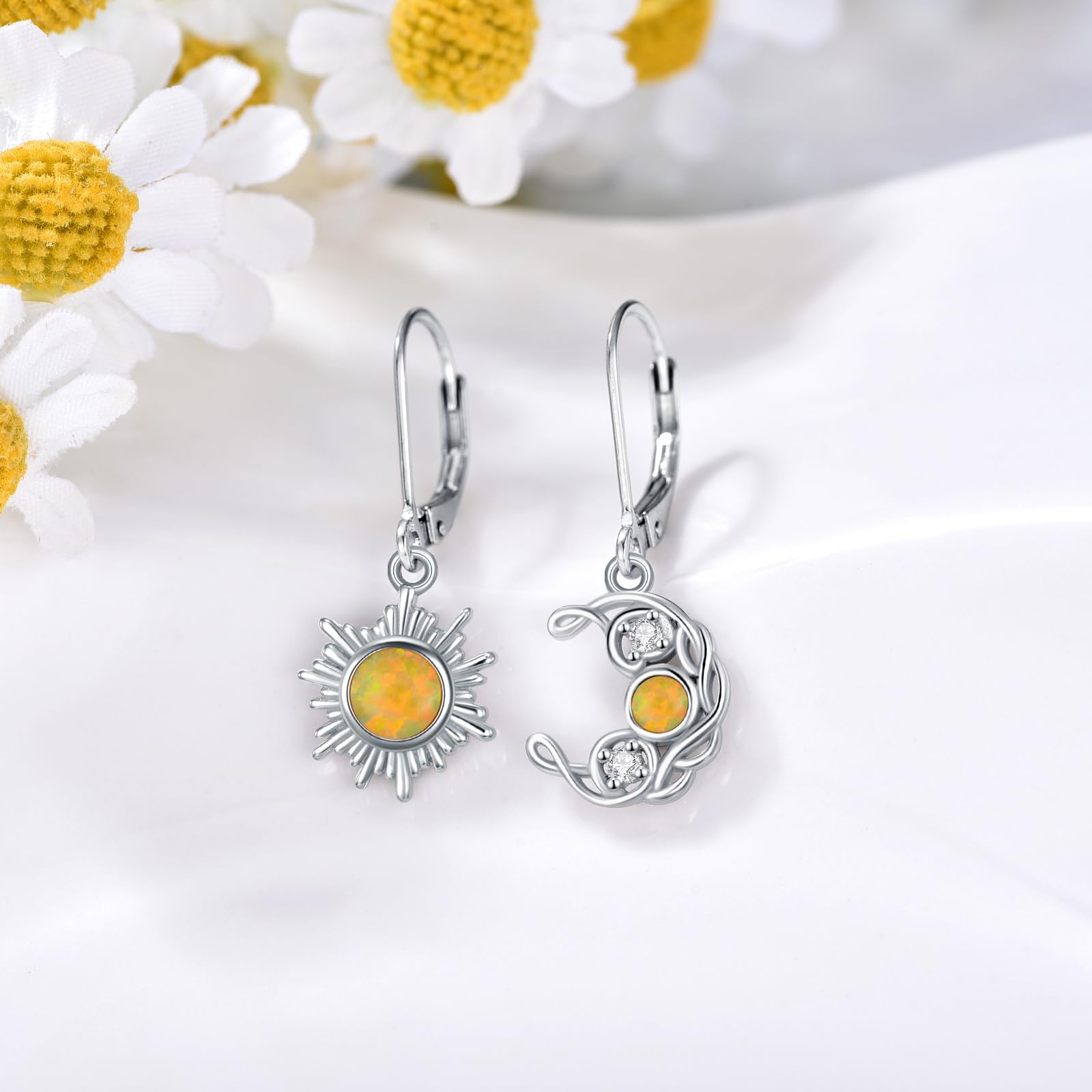 Sonne Mond Ohrringe für Damen 925 Sterling Silber Halbmond Sonne Opal Tropfen Ohrringe Himmlischer Schmuck Geschenk für Ehefrau Freundin Tochter